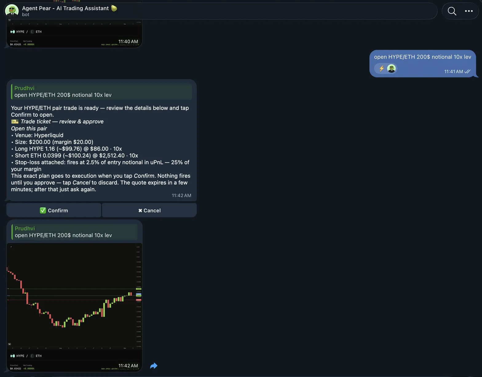 Agent Pear trade ticket in Telegram DM