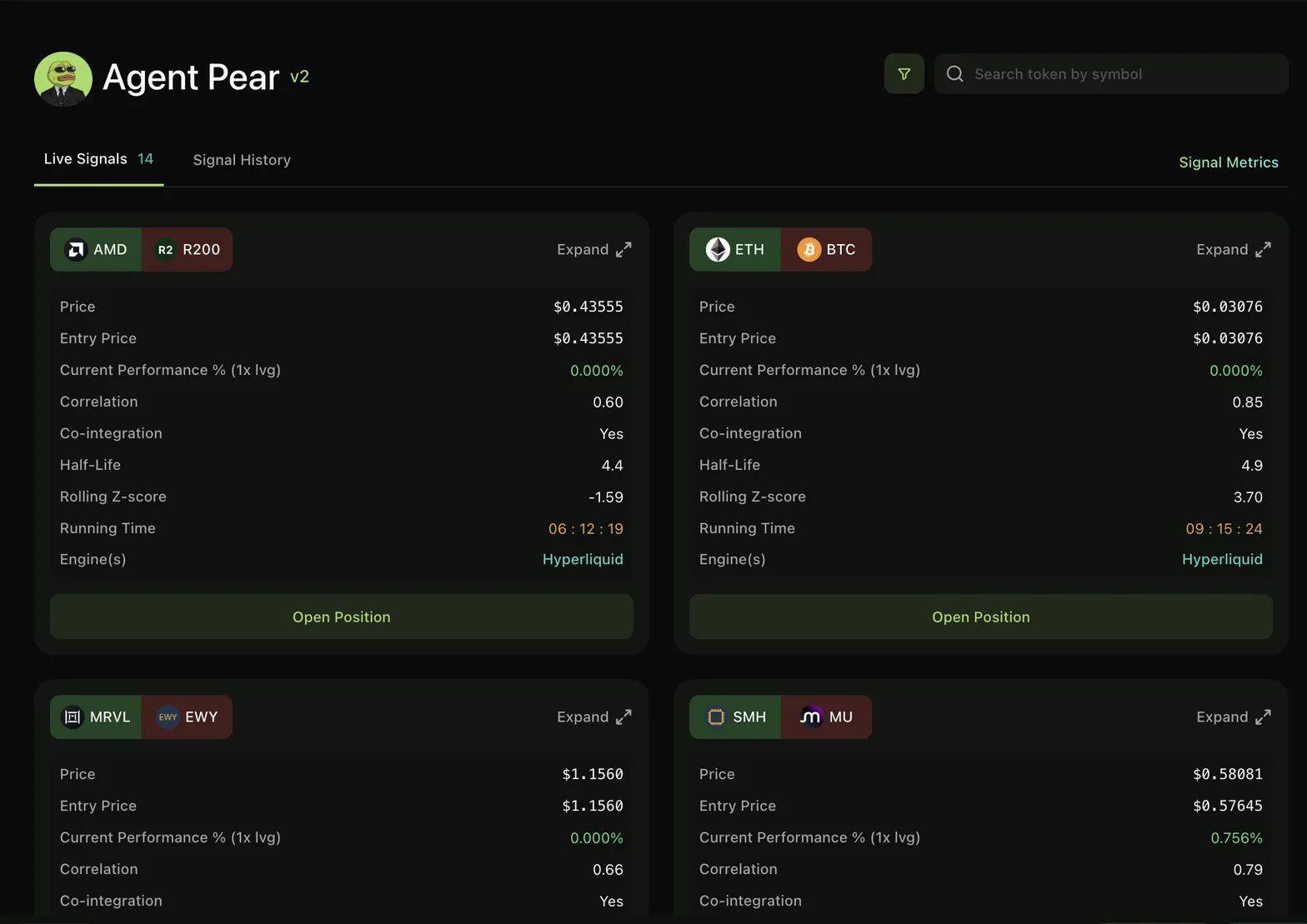 Agent Pear signals: live, history, metrics