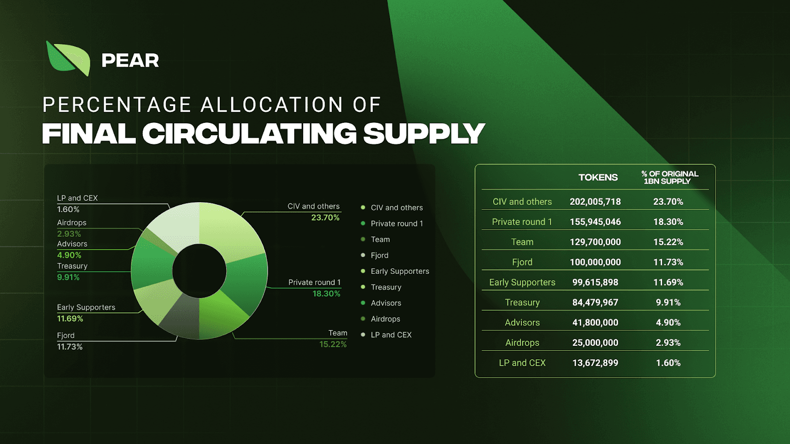 Token distribution by share of final circulating supply