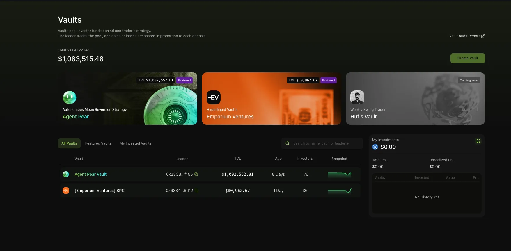 The Pear Vaults page: total value locked, featured vaults, and the full vault list with live TVL, leaders, and investor counts.